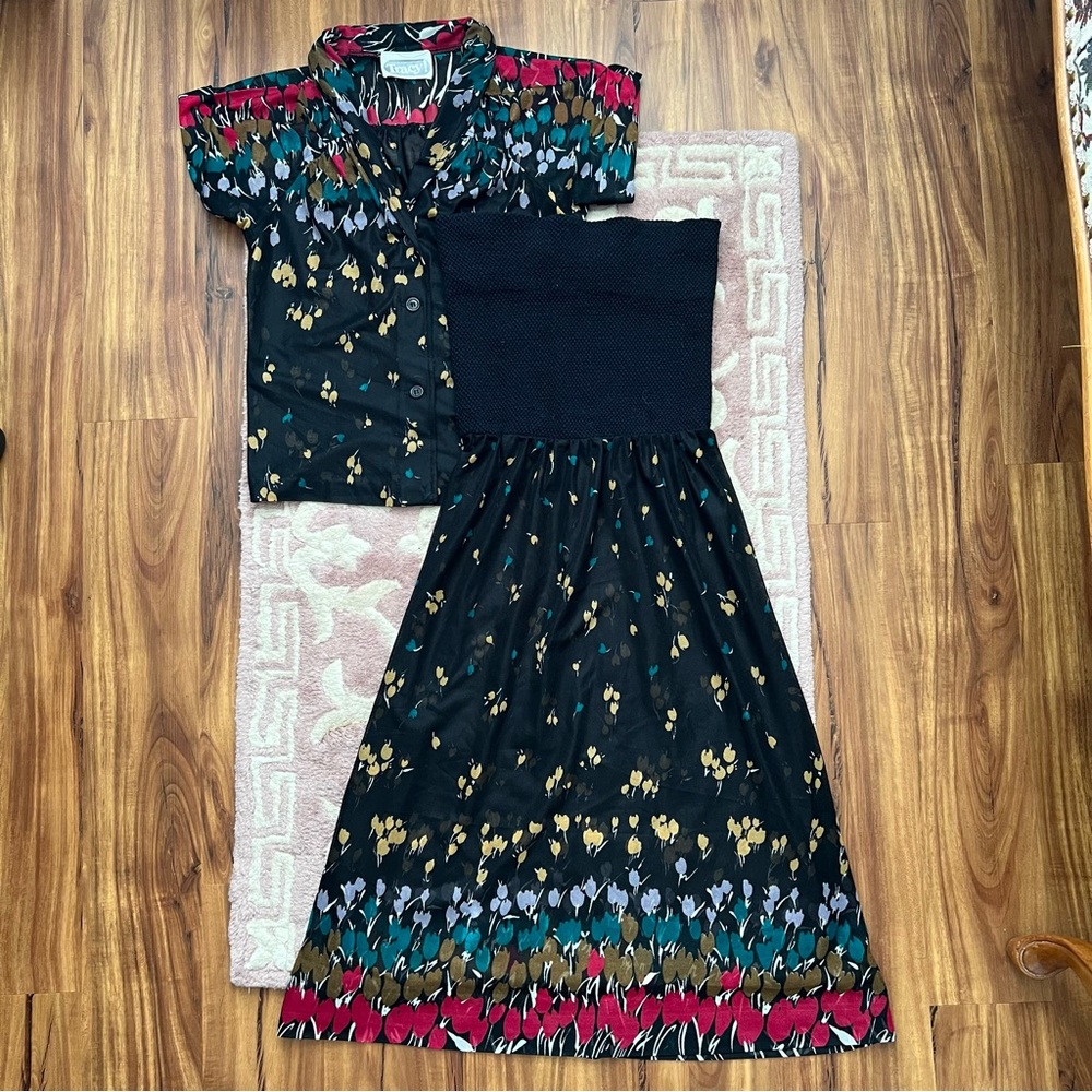 Vintage 70s black floral strapless dress and shirt set Tracy! no size